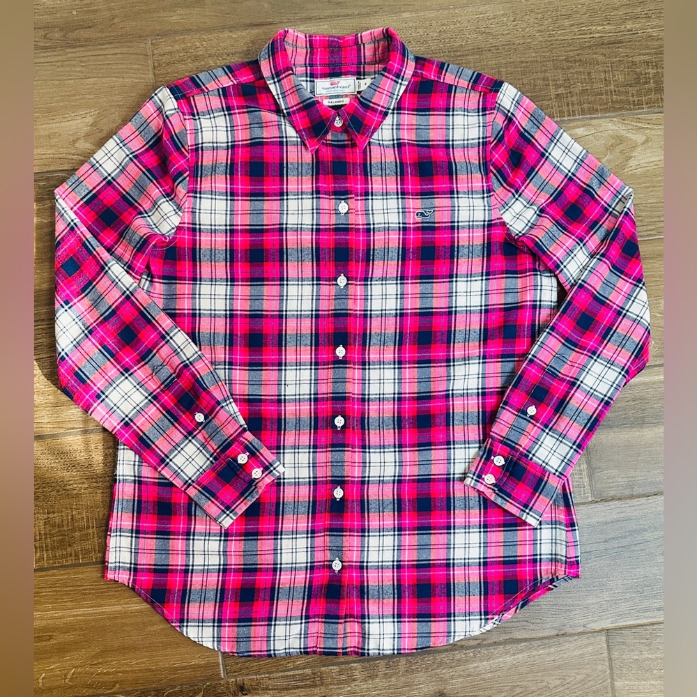 Vineyard Vines Plaid Relaxed Fit Button-Up Shirt Flannel Pink Women’s Size 4